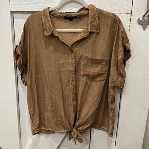 Brown acid wash button up with tie front
